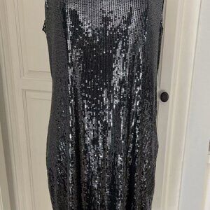 White + Warren Gunmetal Sequin V Neck Dress w/ Mesh Straps and Back Size Large